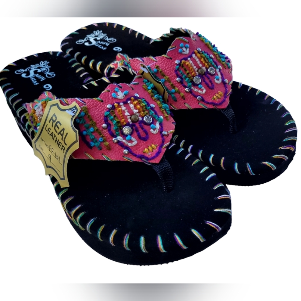 Sassy Sista's Leather Flip Flops, Pink, Style FF-101, 2" heel.